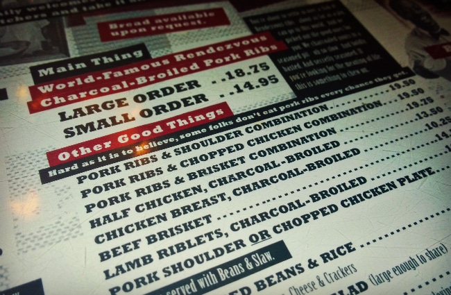 Charlie Vergos’ Rendezvous menu