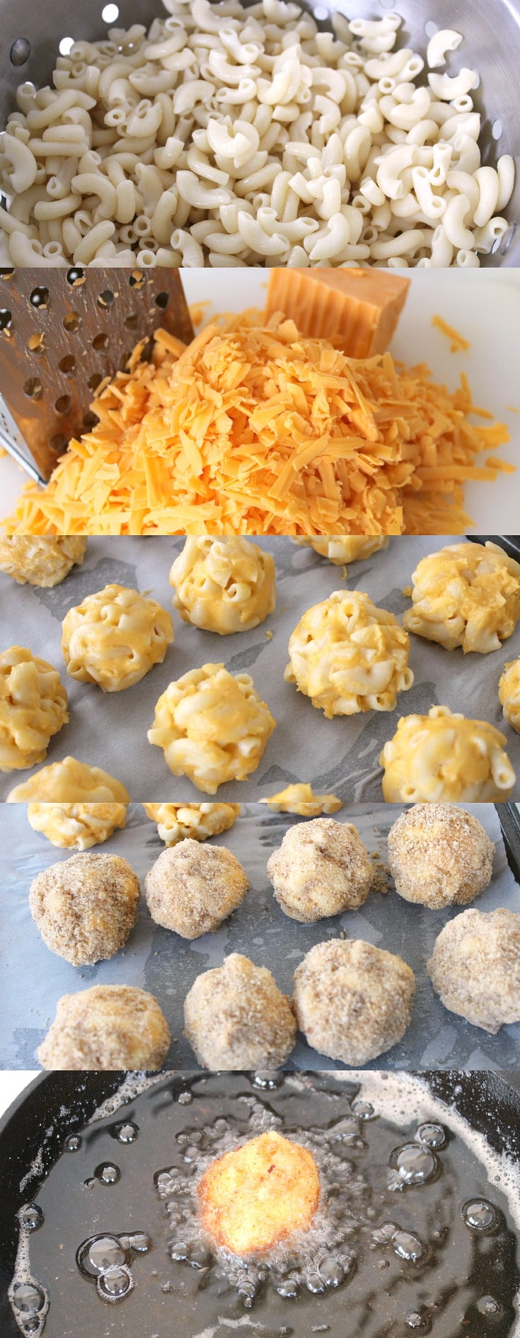 Collage photo featuring steps on how to make mac and cheese balls.