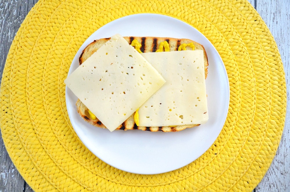 hot dog bun with mustard and Swiss cheese