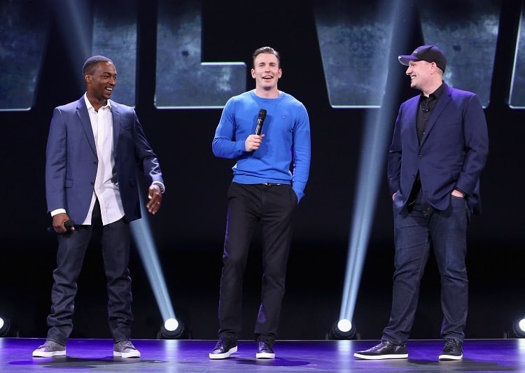 ANAHEIM, CA - AUGUST 15: (L-R) Actors Anthony Mackie, Chris Evans and Producer Kevin Feige of CAPTAIN AMERICA: CIVIL WAR took part today in "Worlds, Galaxies, and Universes: Live Action at The Walt Disney Studios" presentation at Disney's D23 EXPO 2015 in Anaheim, Calif. (Photo by Jesse Grant/Getty Images for Disney) *** Local Caption *** Anthony Mackie; Chris Evans; Kevin Feige