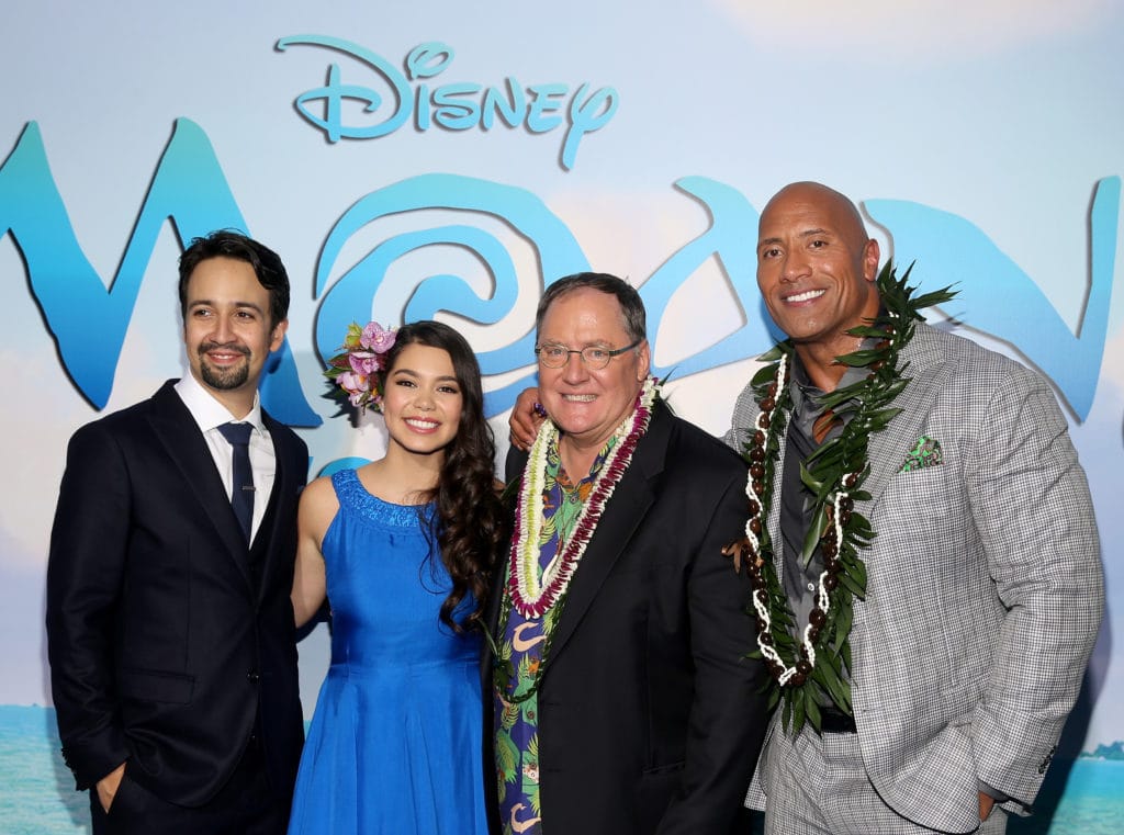 HOLLYWOOD, CA - NOVEMBER 14: (L-R) Songwriter Lin-Manuel Miranda, actress Auli'i Cravalho, executive producer John Lasseter, and actor Dwayne Johnson attend The World Premiere of Disneys "MOANA" at the El Capitan Theatre on Monday, November 14, 2016 in Hollywood, CA. (Photo by Jesse Grant/Getty Images for Disney) *** Local Caption *** Auli'i Cravalho; Dwayne Johnson; Lin-Manuel Miranda; John Lasseter
