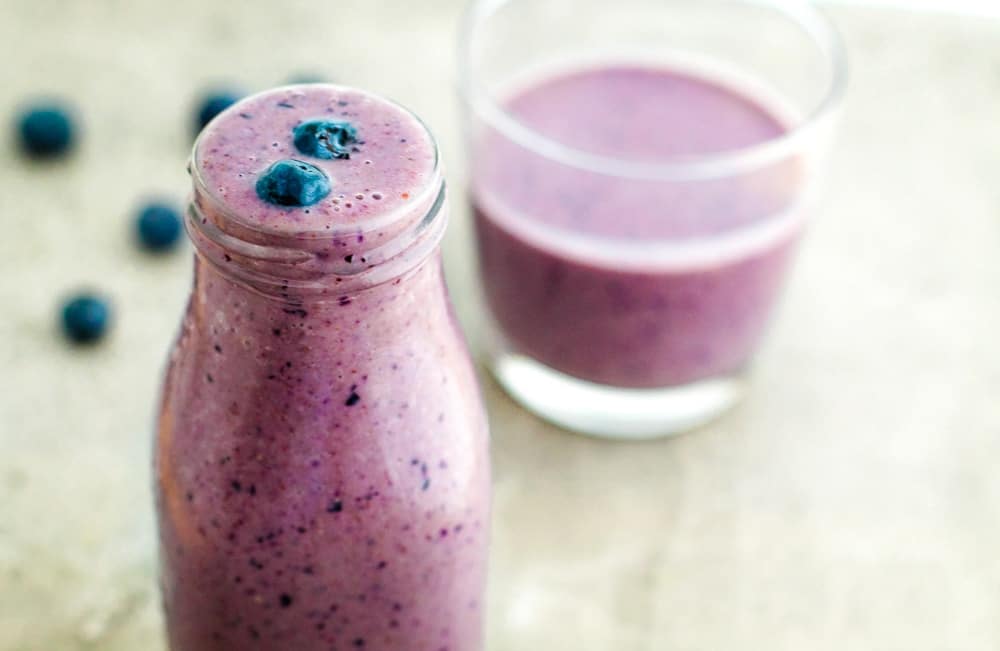 non-dairy blueberry smoothie with banana and almond butter