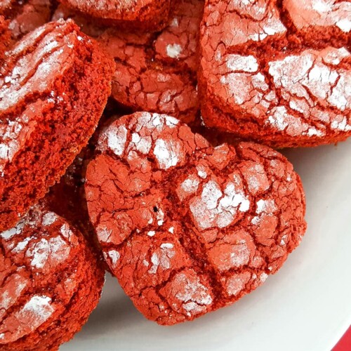heart-shaped red velvet crinkle cookies