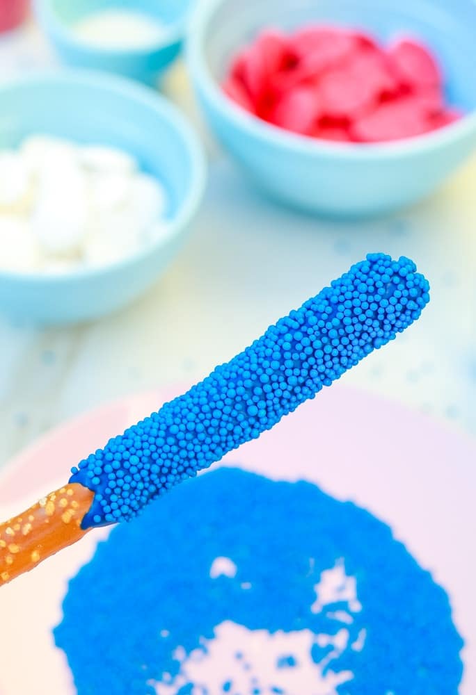 Chocolate Covered Pretzel Rods with Candy Sprinkles