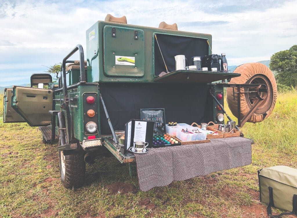 christian Sperka's green mamba safari vehicle nespresso bar