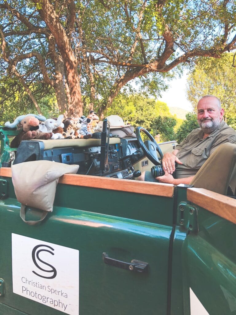 christian Sperka in his green mamba safari vehicle at Thanda private game reserve