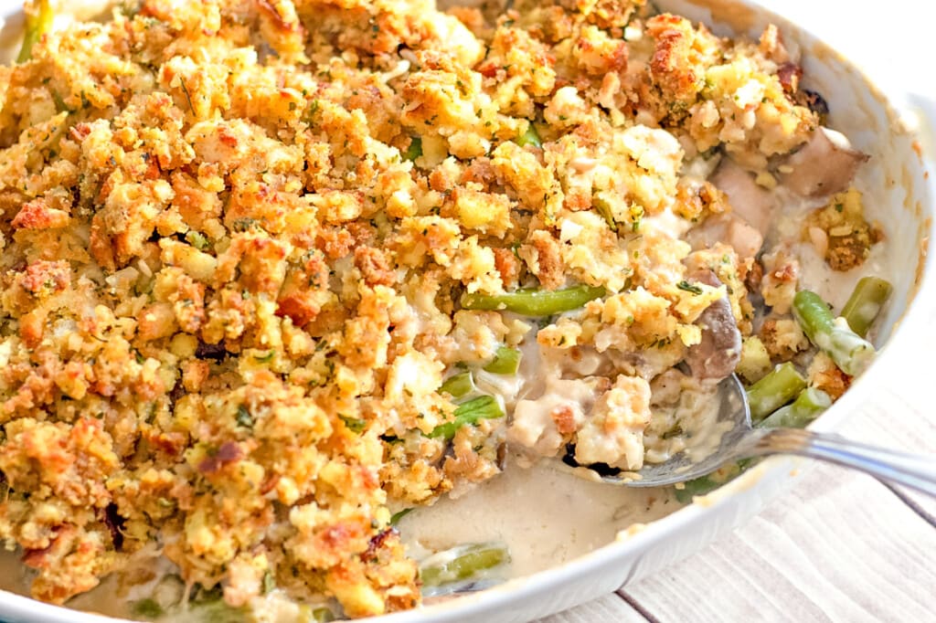 stuffing on top of chicken green bean casserole 