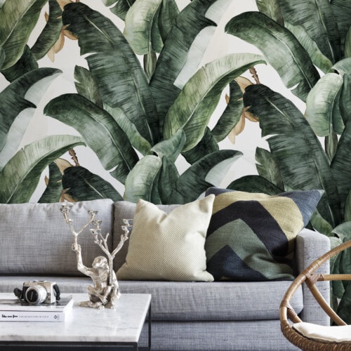 wall mural of jungle plants in living room