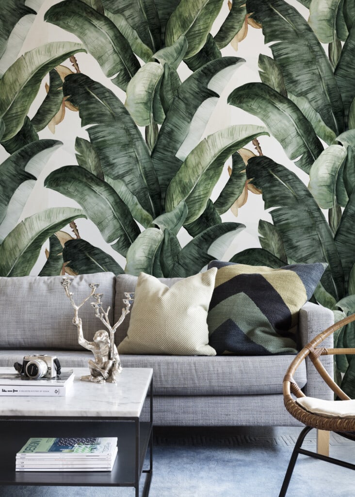 wall mural of jungle plants in living room