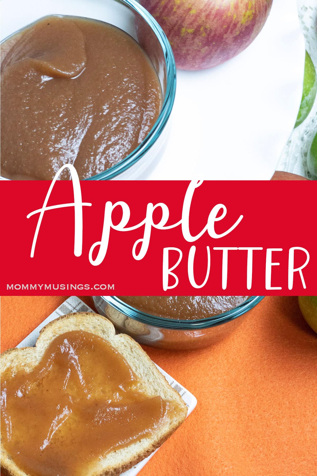 photo collage of apple butter in a bowl and apple butter on toast with text which reads apple butter