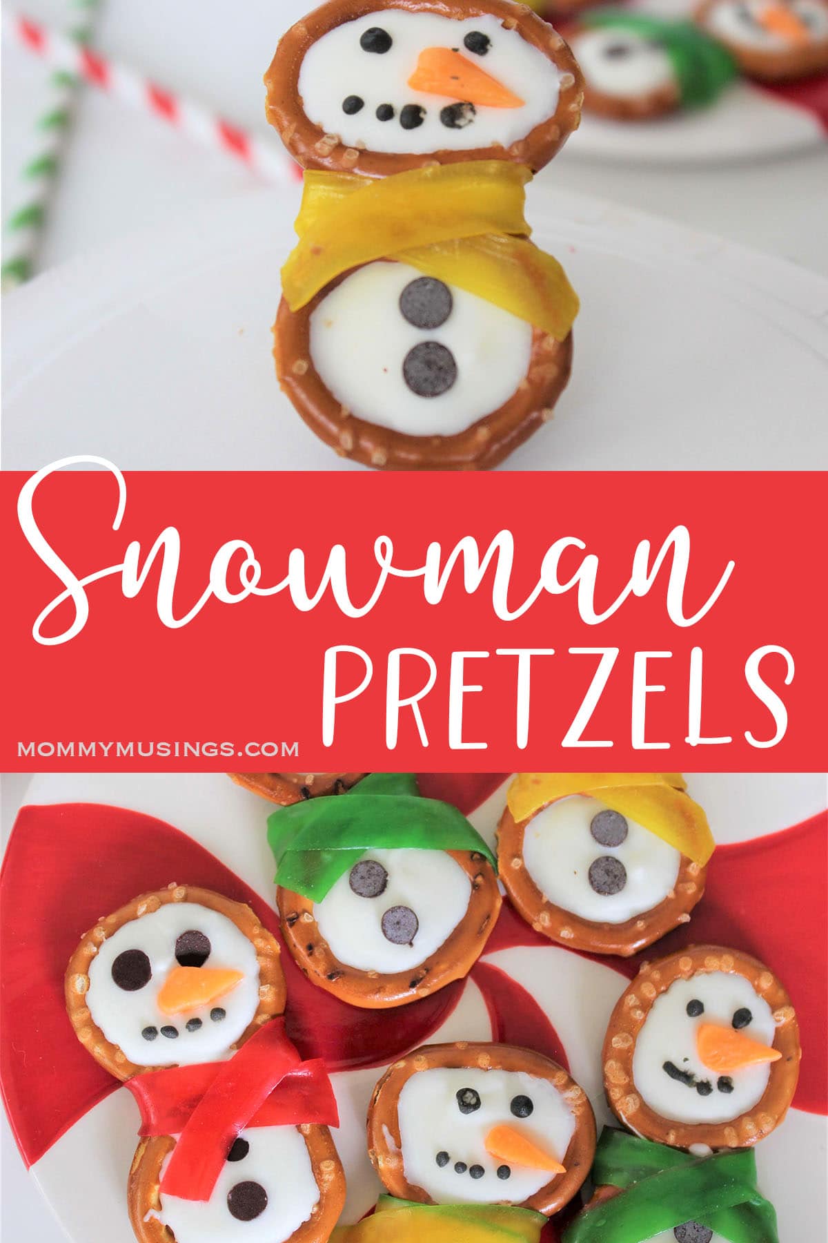 easy snowman pretzels christmas snack with text which reads snowman pretzels