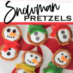several pretzel snowman snacks with text which reads snowman pretzels