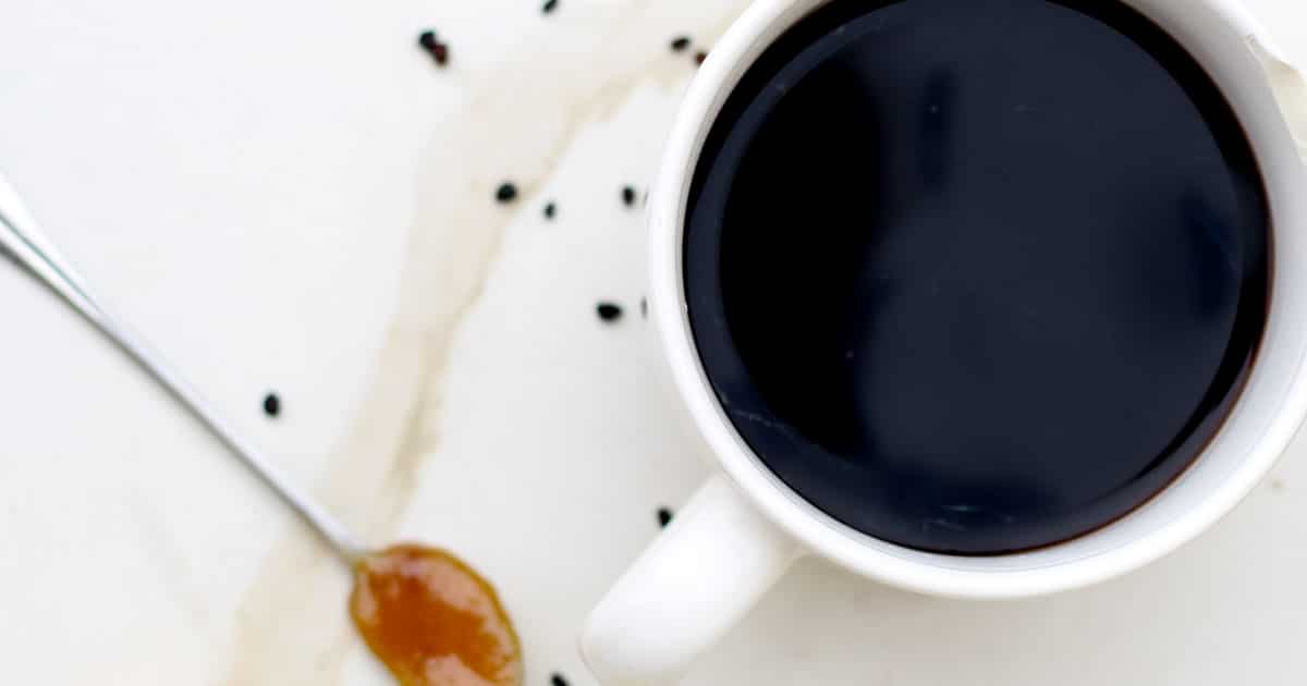 overhead view of elderberry tea in a mug