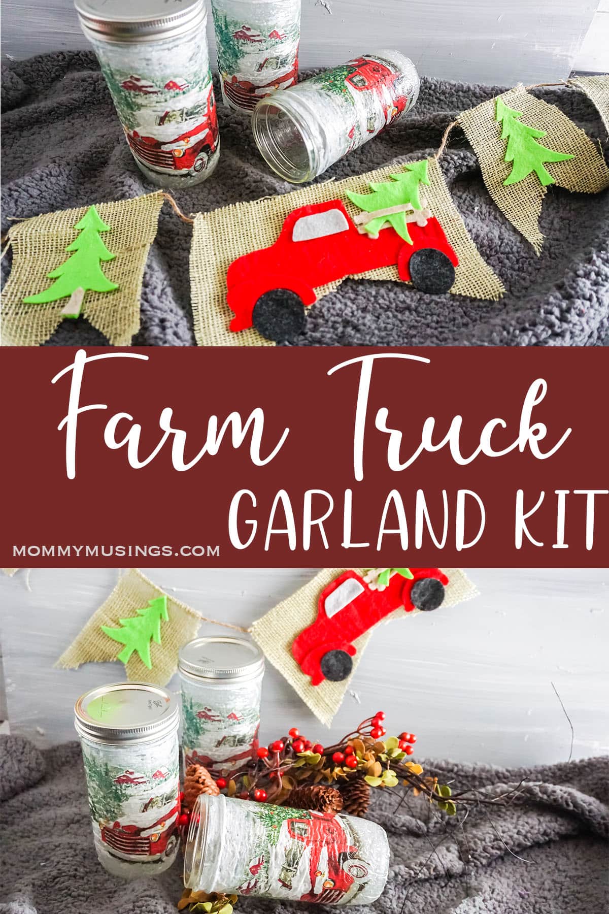 photo collage of farm truck garland in a jar with text which reads farm truck garland kit
