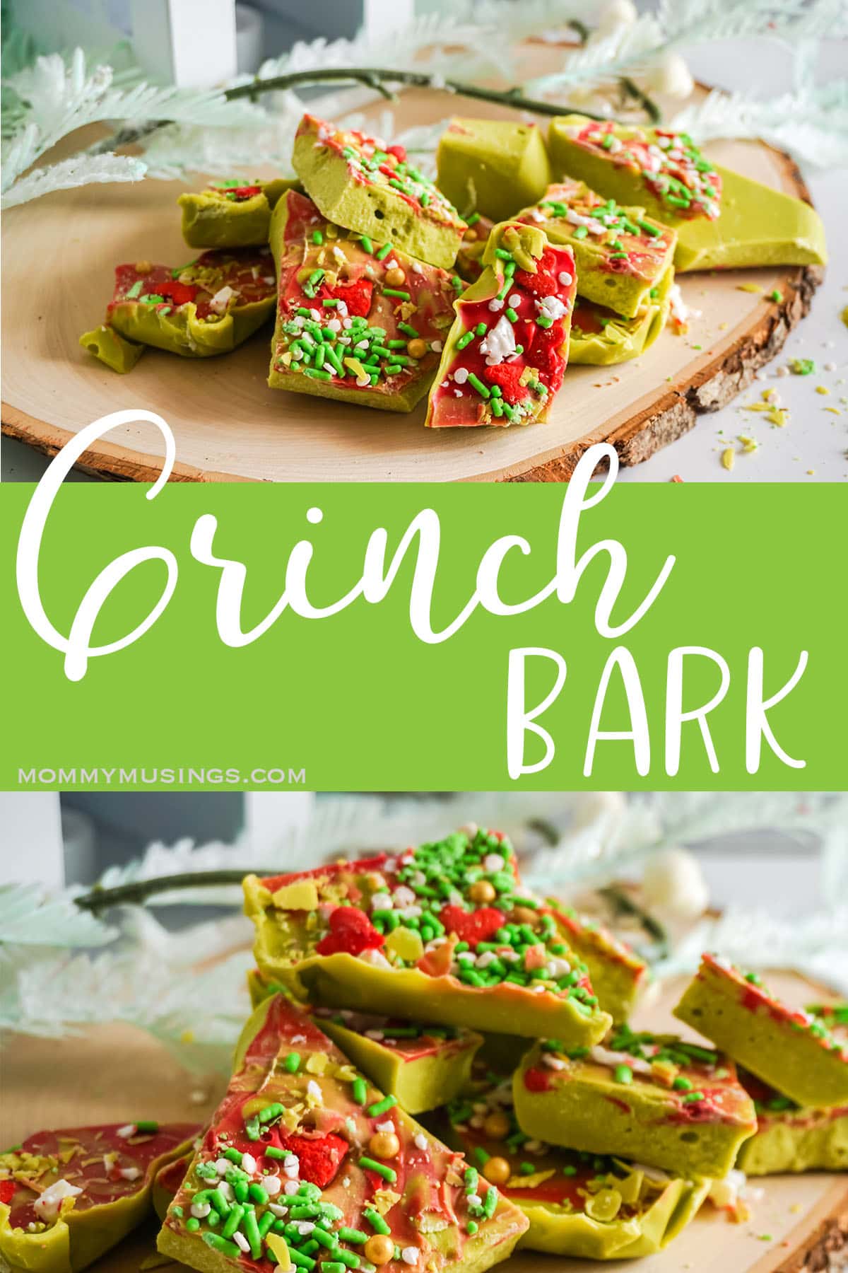 photo collage of grinch movie chocolate bark with text which reads grinch bark