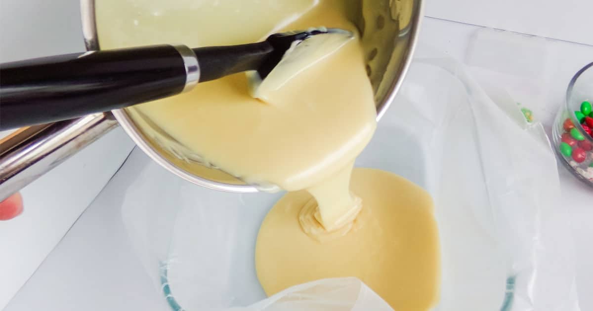 in-process step of making white chocolate fudge for mickey mouse fudge