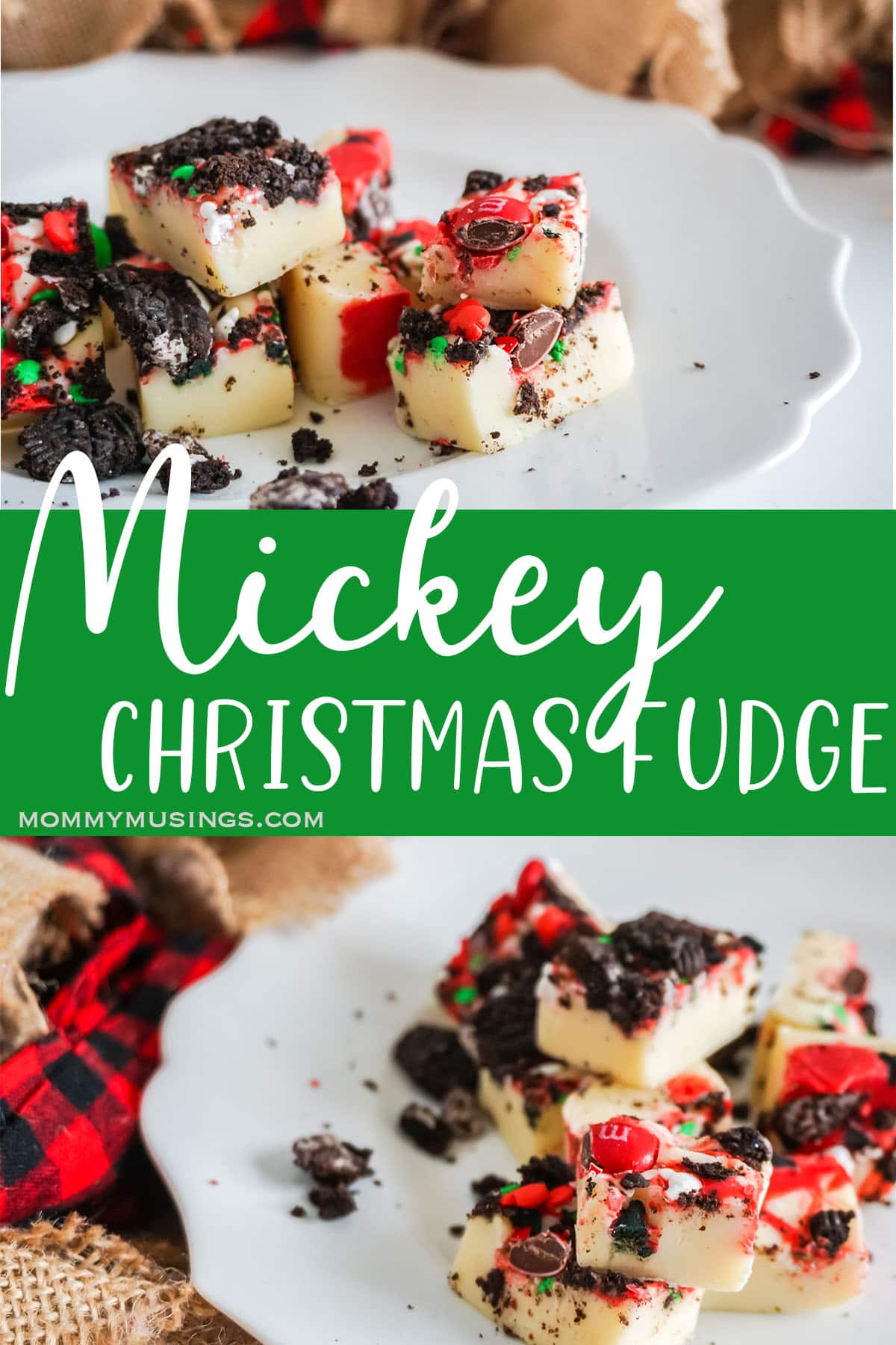 photo collage of christmas fudge with mickey mouse sprinkles with text which reads mickey christmas fudge