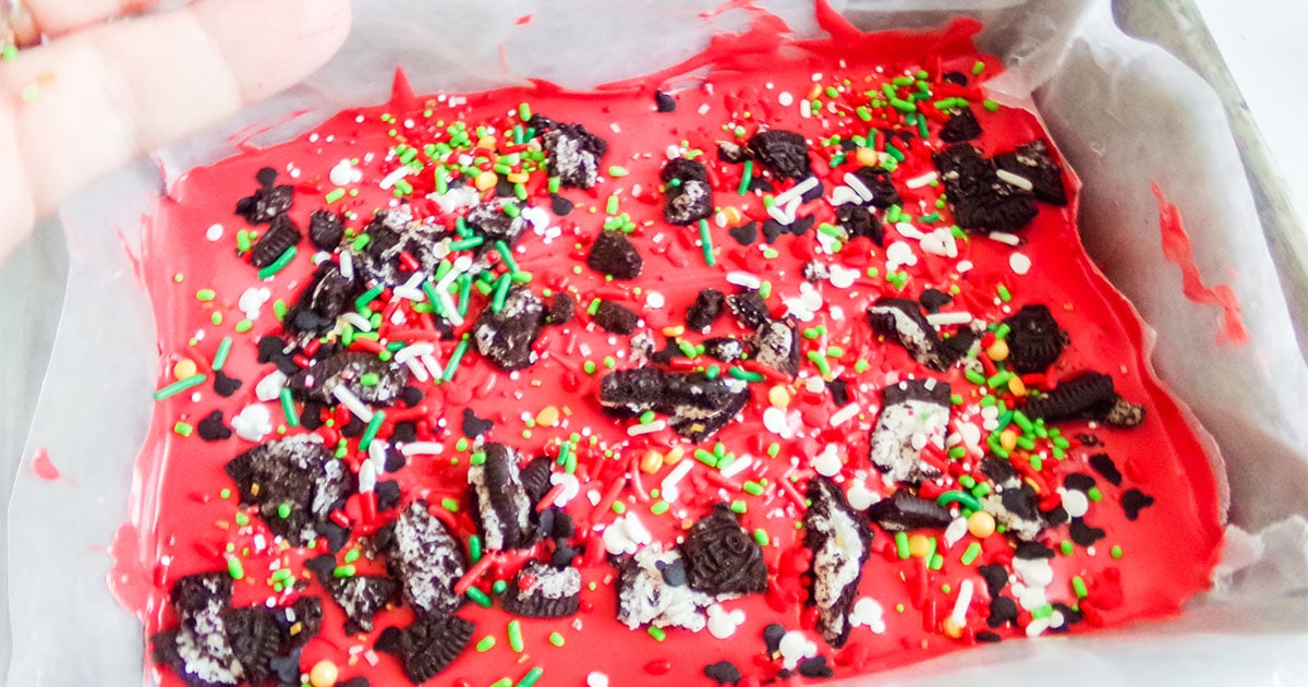 mickey christmas bark in a baking dish