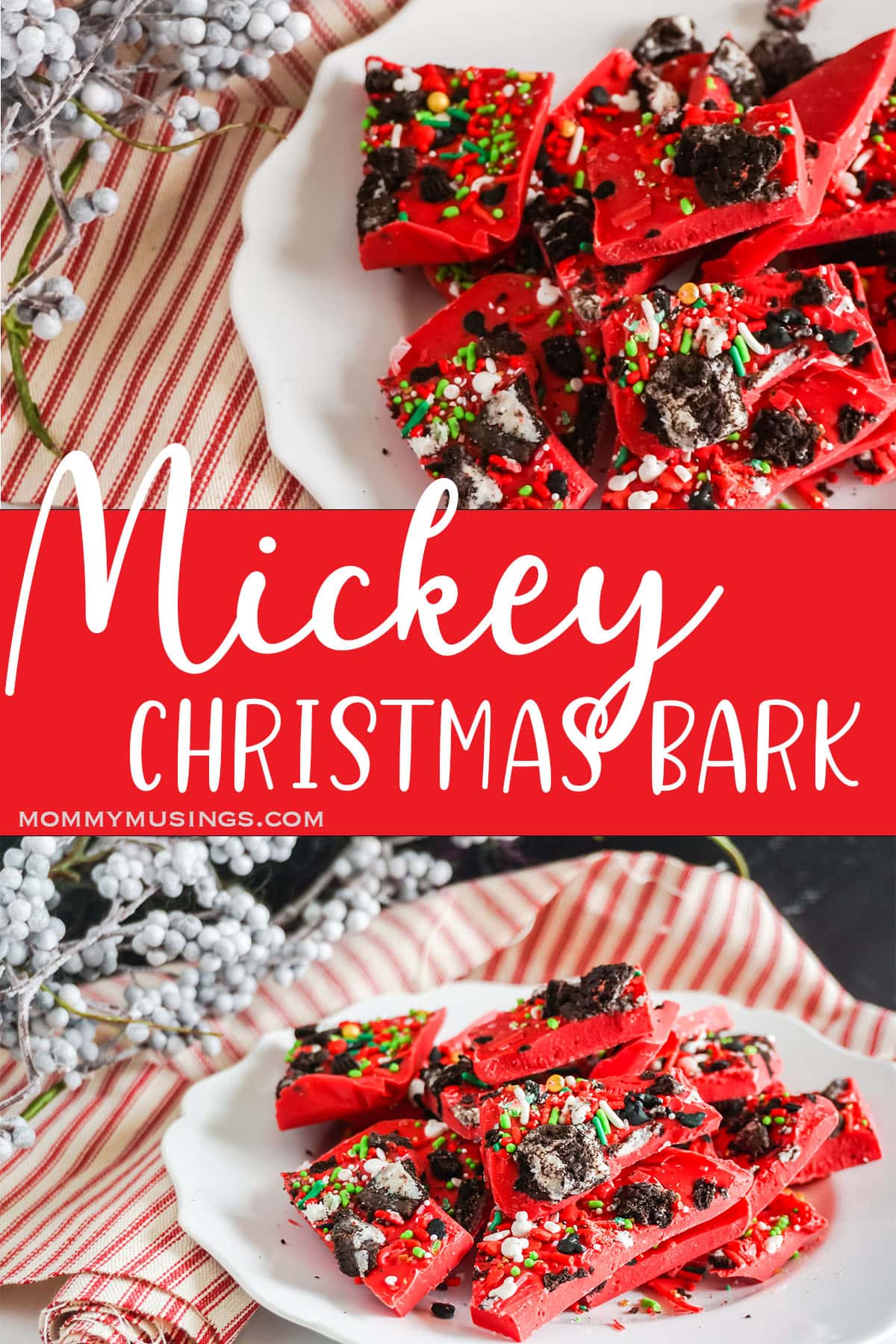 photo collage of mickey mouse bark for christmas with text which reads mickey christmas bark