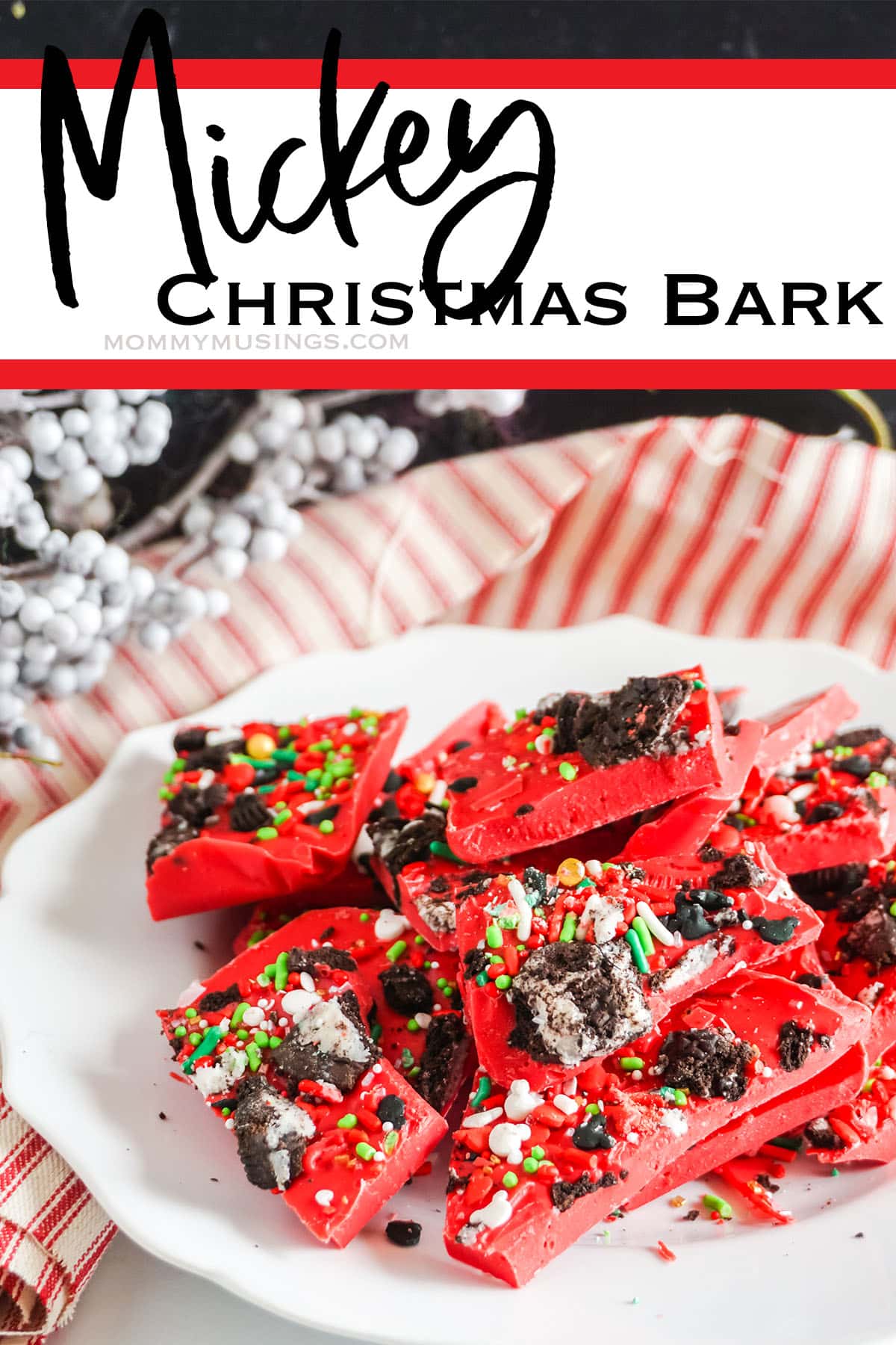easy recipe for mickey mouse bark with text which reads Mickey Christmas bark