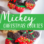 photo collage of easy chocolate dipped oreo cookies for mickey mouse cookies for christmas with text which reads mickey christmas cookies