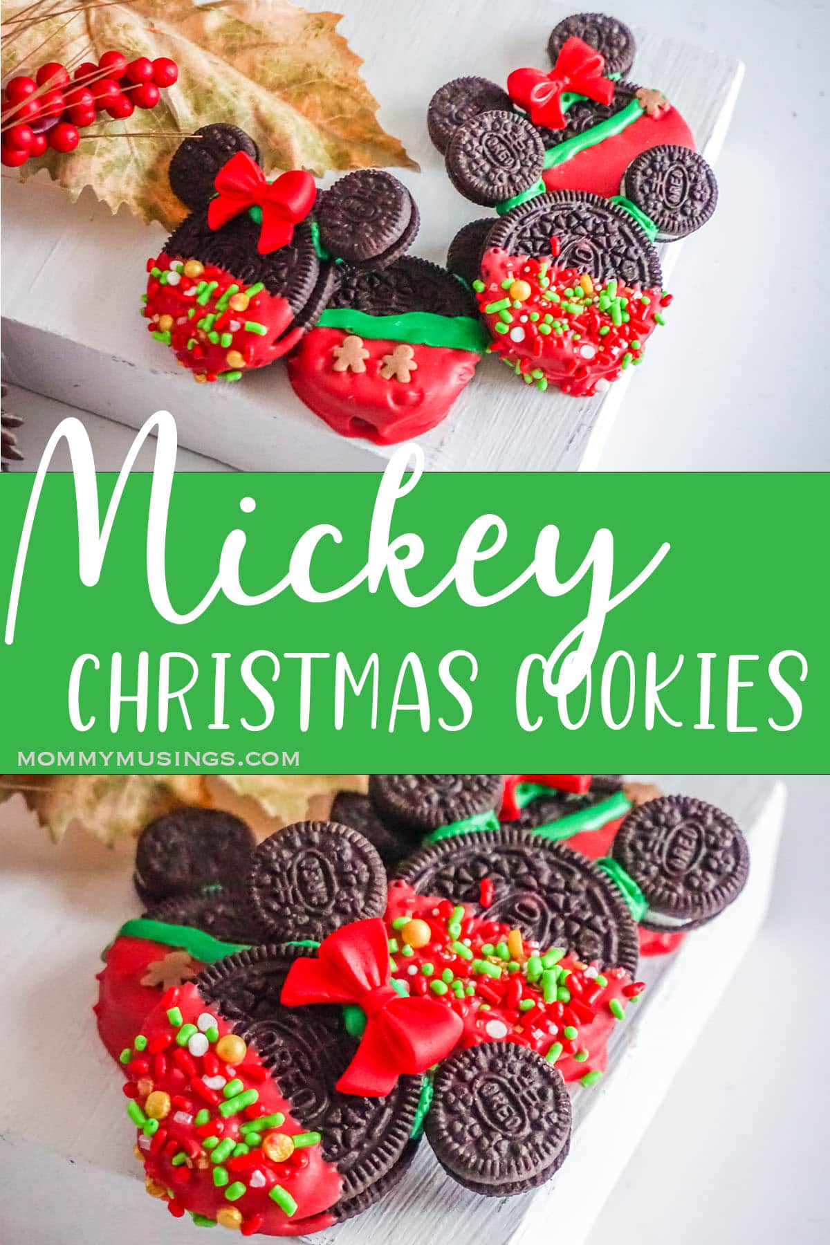 photo collage of easy chocolate dipped oreo cookies for mickey mouse cookies for christmas with text which reads mickey christmas cookies