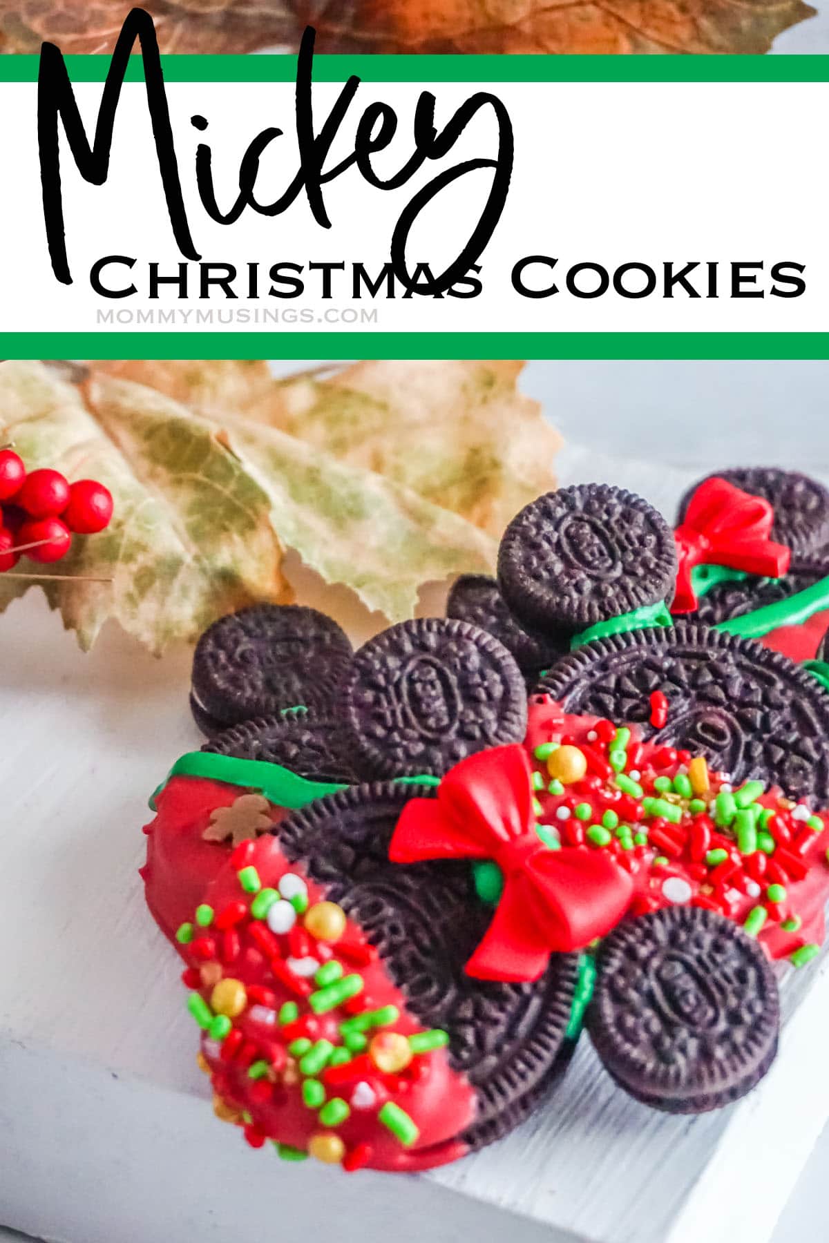 oreo mickey cookies for christmas with text which reads mickey christmas cookies