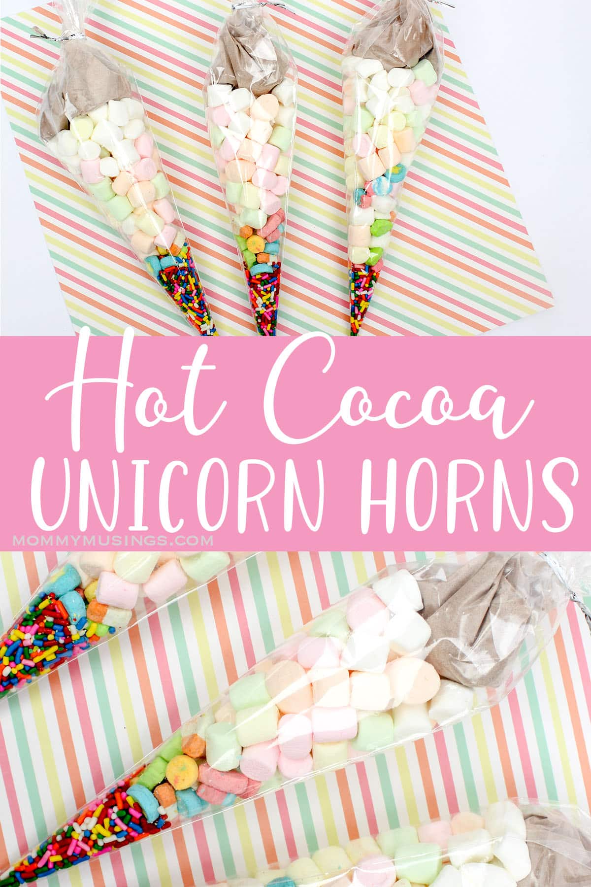 photo collage of easy hot cocoa gift idea with text which reads hot cocoa unicorn horns