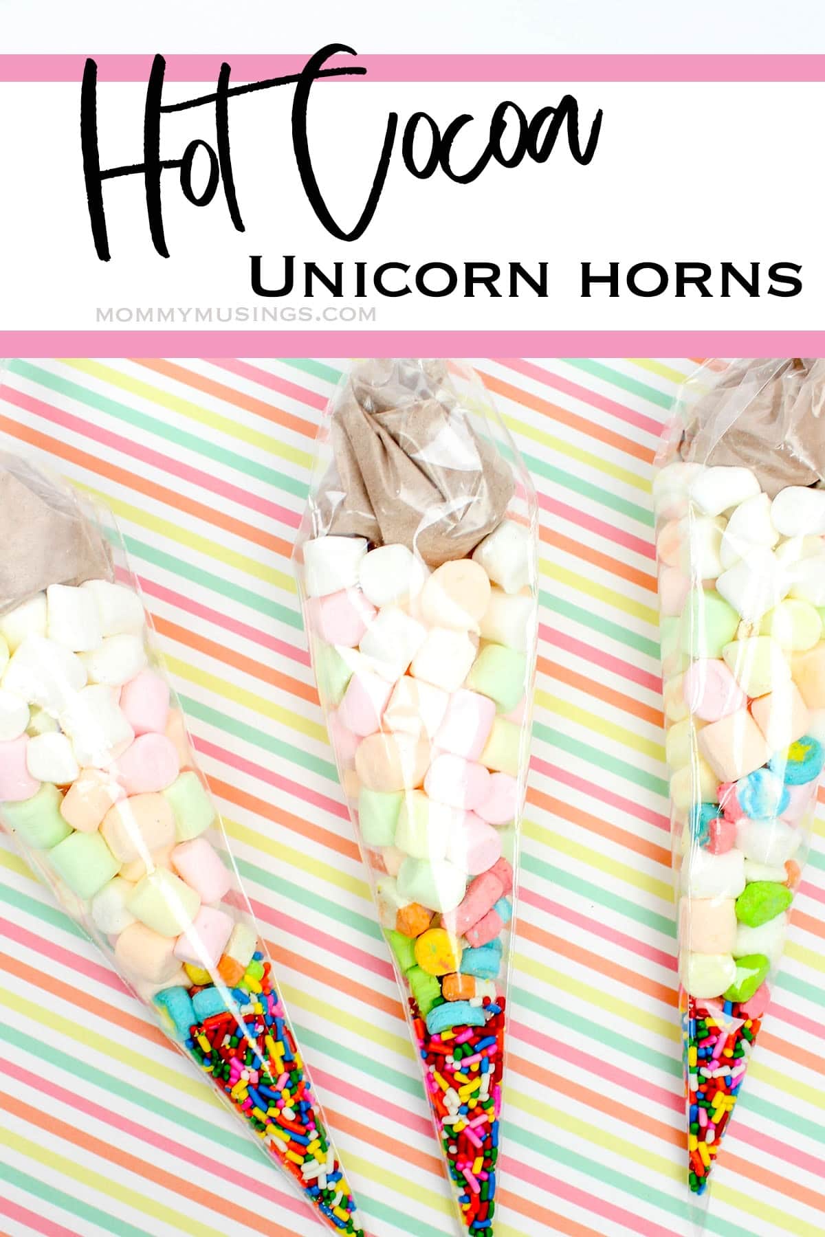 hot cocoa mix gift unicorn horns with text which reads hot cocoa unicorn horns