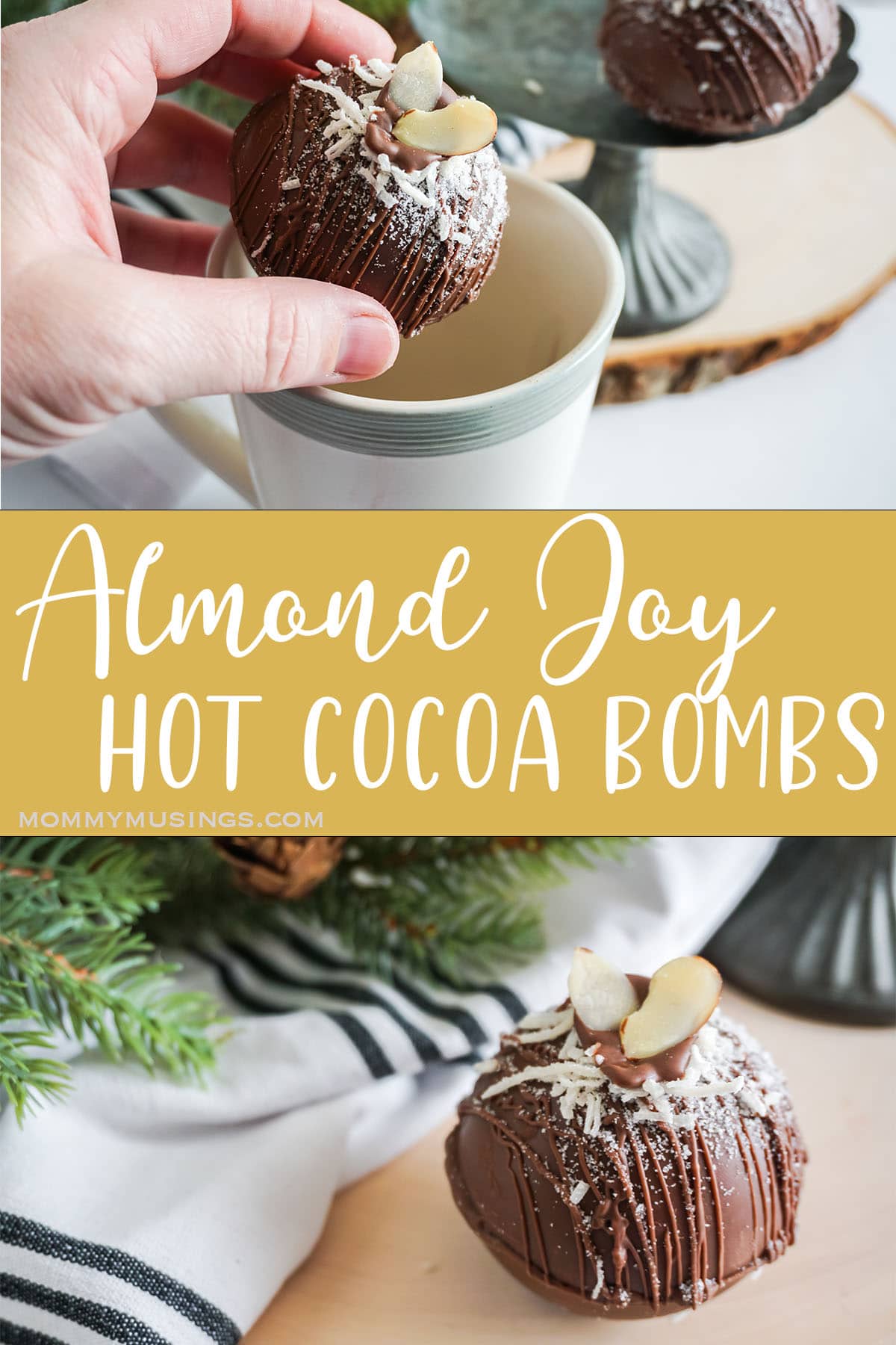 photo collage of homemade hot cocoa bombs with text which reads Almond Joy Hot Cocoa Bombs