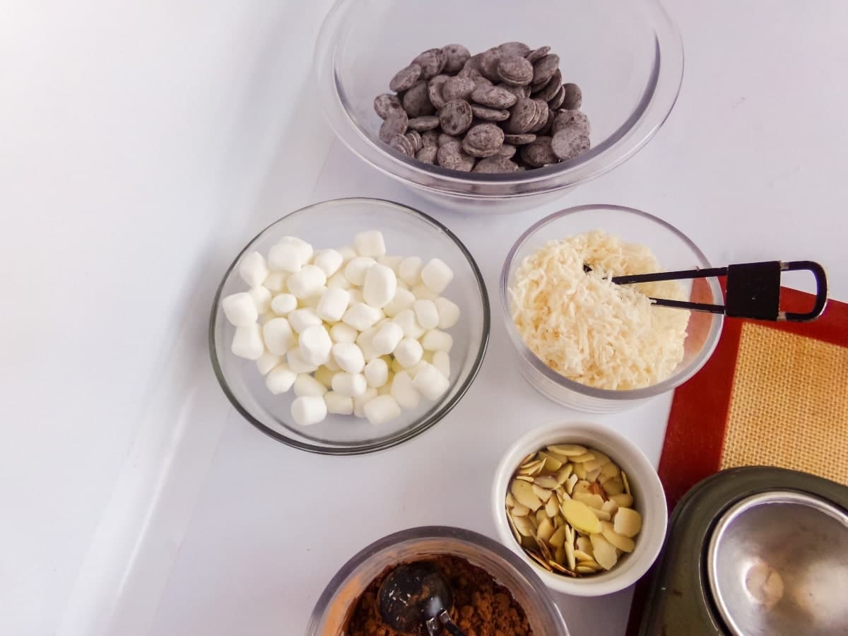 supplies to make Almond Joy Hot Cocoa Bombs