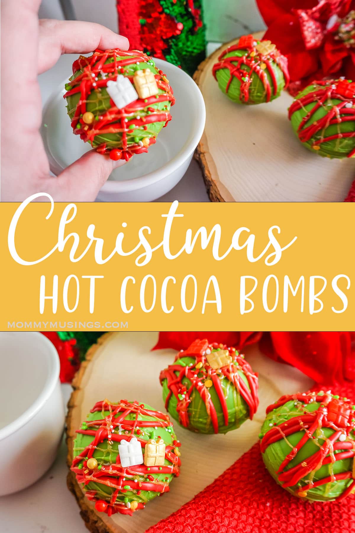 photo collage of easy diy hot cocoa bombs with text which reads Christmas Hot Cocoa Bombs