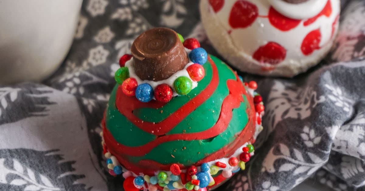 closeup of Christmas Ornament Hot cocoa bombs