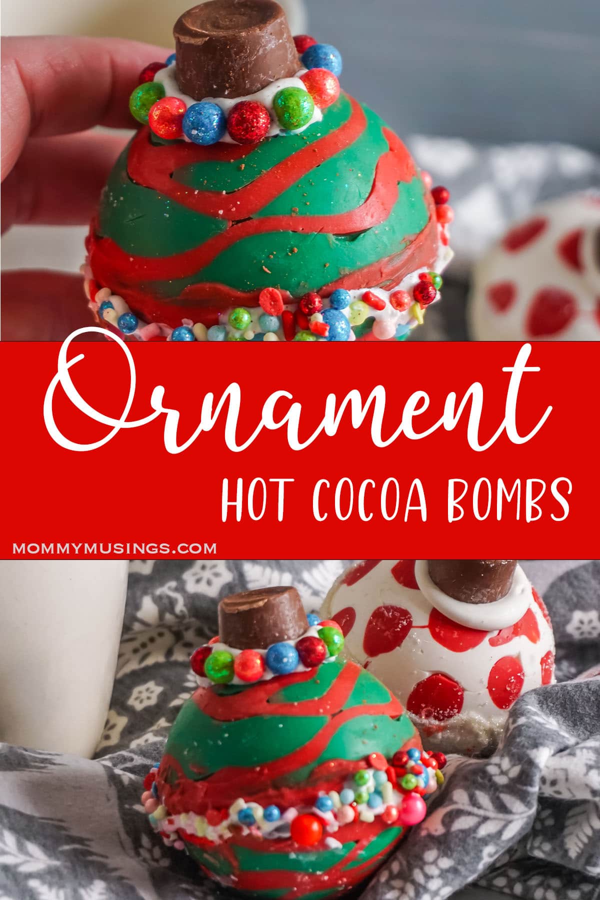 photo collage of holiday ornament hot cocoa bombs with text which reads Ornament Hot cocoa bombs