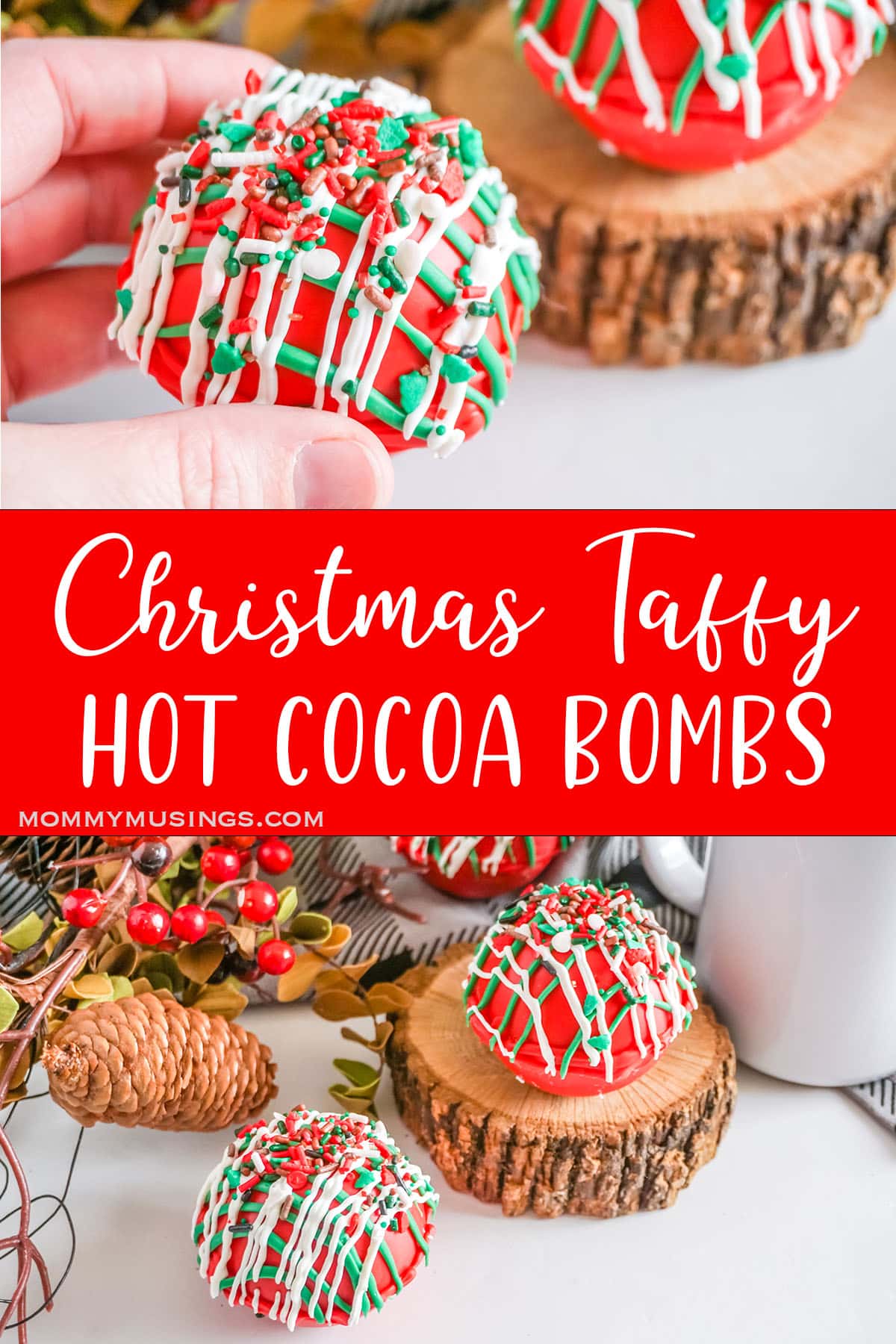 photo collage of christmas nougat hot cocoa bombs with text which reads Christmas Taffy Hot Cocoa Bombs