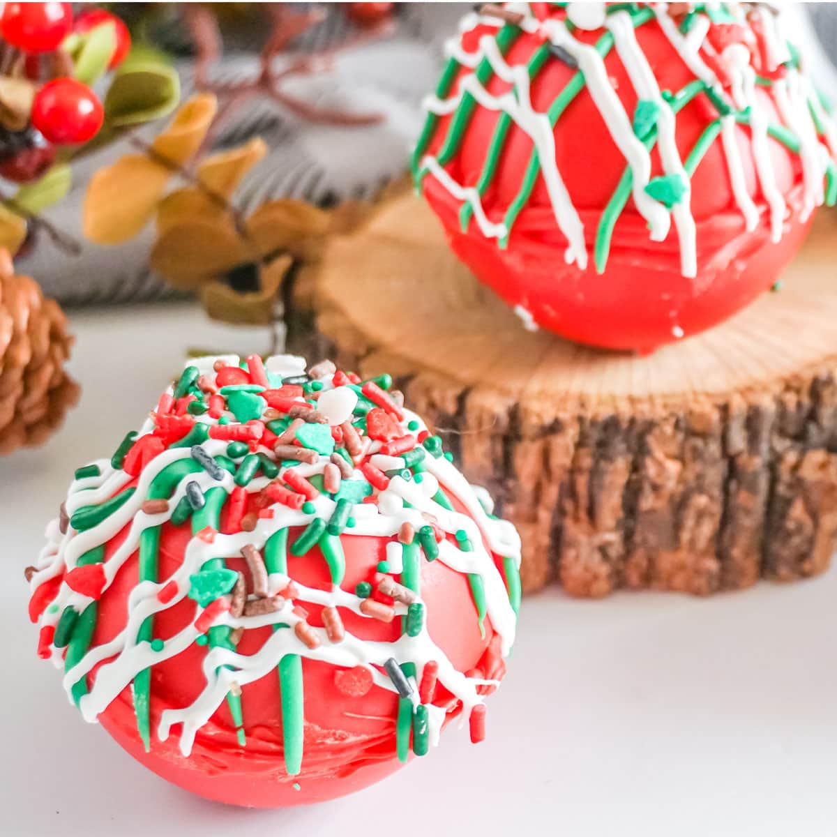 closeup of Christmas Taffy Hot Cocoa Bombs