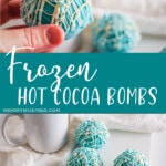 photo collage of Frozen Hot Cocoa Bombs with text which reads frozen hot cocoa bombs