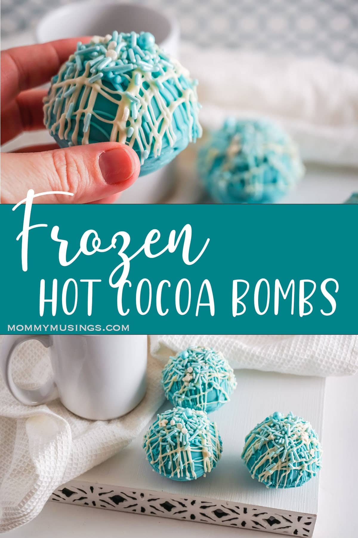 photo collage of Frozen Hot Cocoa Bombs with text which reads frozen hot cocoa bombs