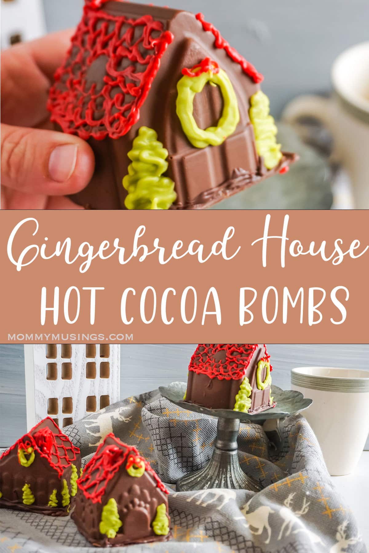 photo collage of gingerbread hot cocoa bombs with text which reads Gingerbread House Hot Cocoa Bombs