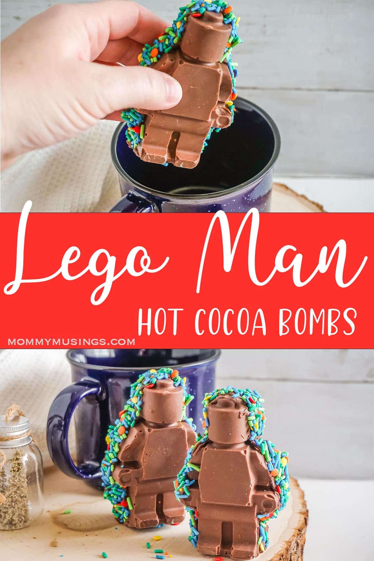 photo collage of lego figurine hot cocoa bomb with text which reads Lego Man Hot Cocoa Bombs