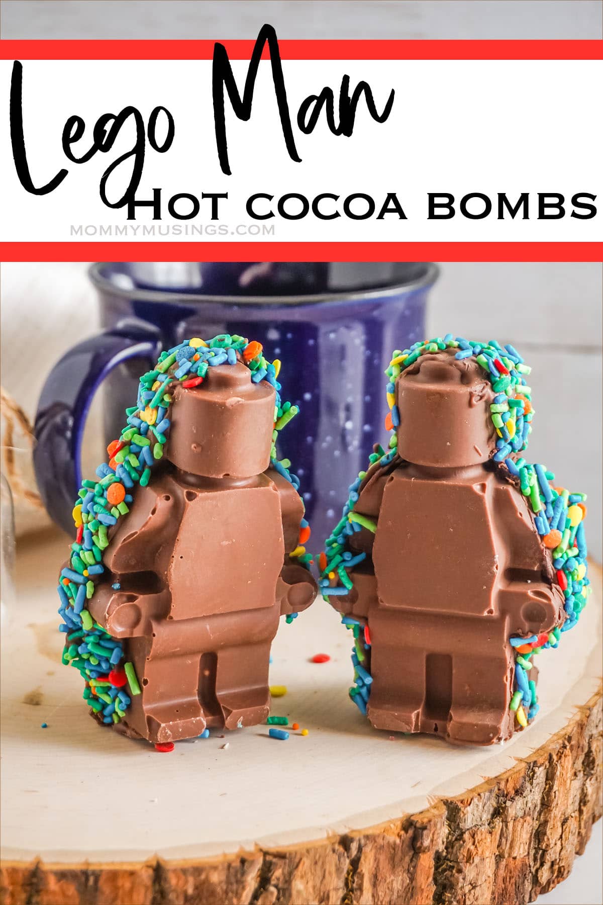 lego figure hot cocoa bomb with text which reads Lego Man Hot Cocoa Bombs