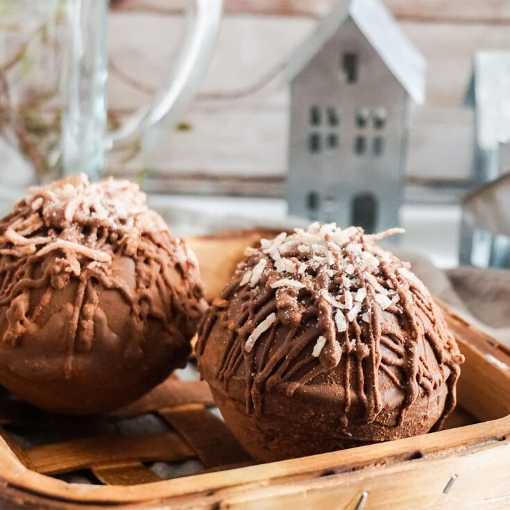 closeup of Mounds Hot Cocoa Bombs