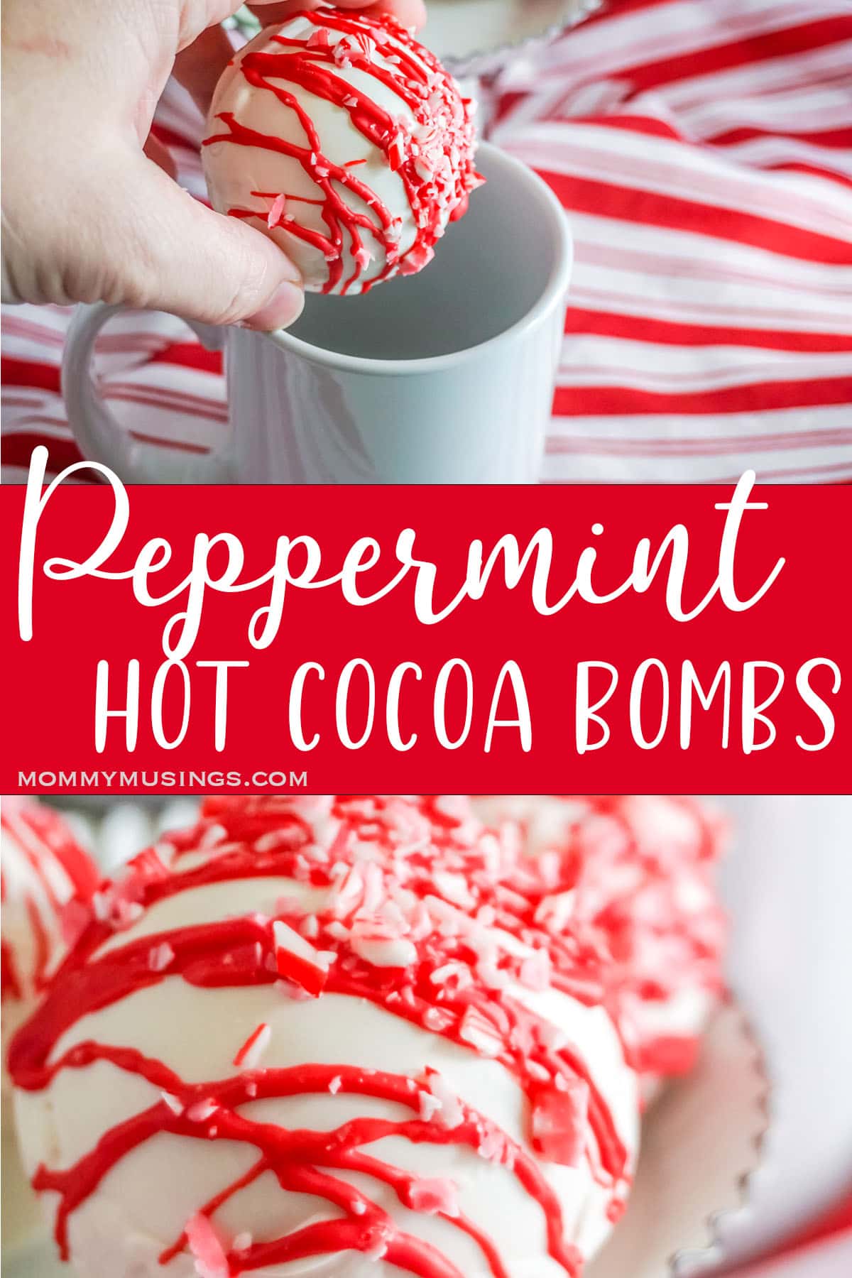 photo collage of white chocolate hot cocoa bombs with peppermint stripes with text which reads peppermint hot cocoa bombs