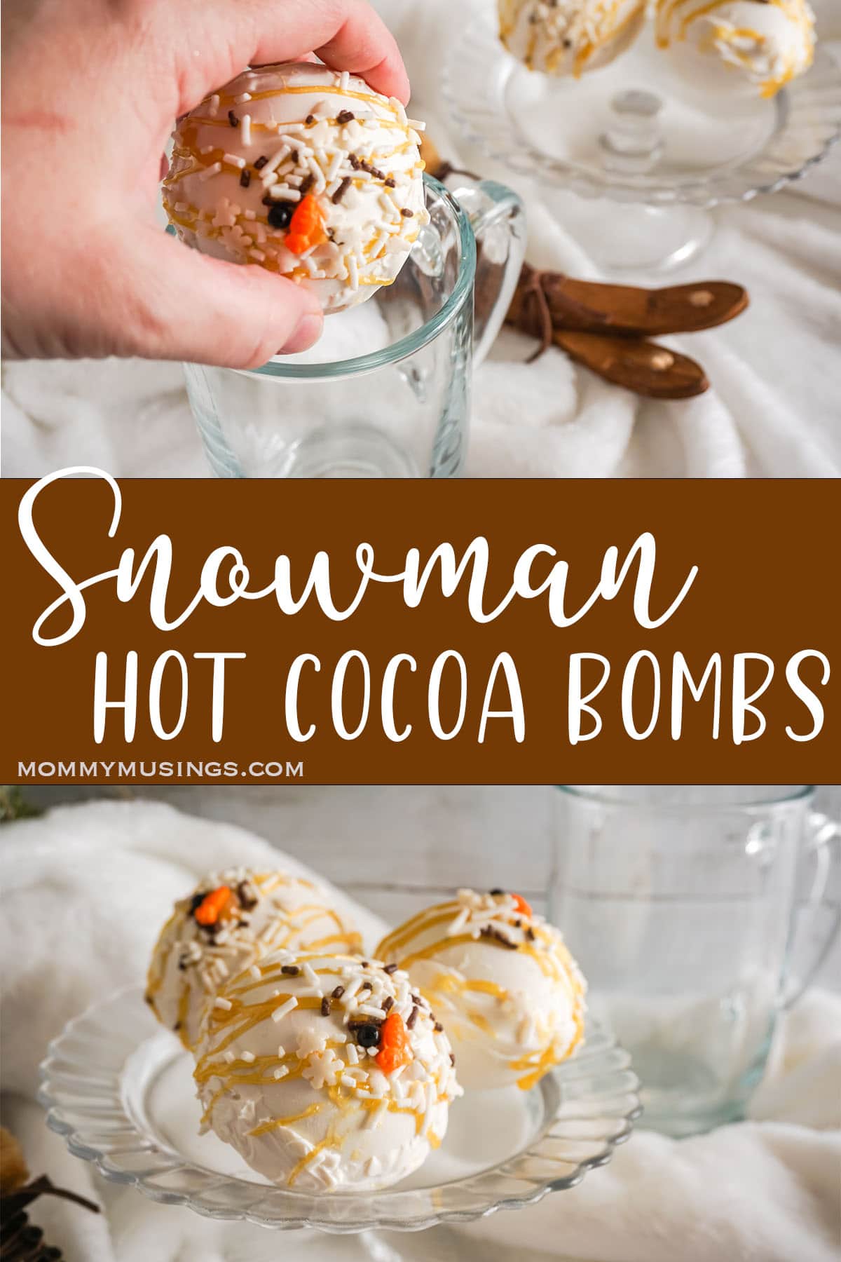 photo collage of easy white chocolate hot cocoa bombs with text which reads Snowman Hot Cocoa Bombs