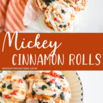 photo collage of easy diy mickey breakfast recipe with text which reads mickey cinnamon rolls
