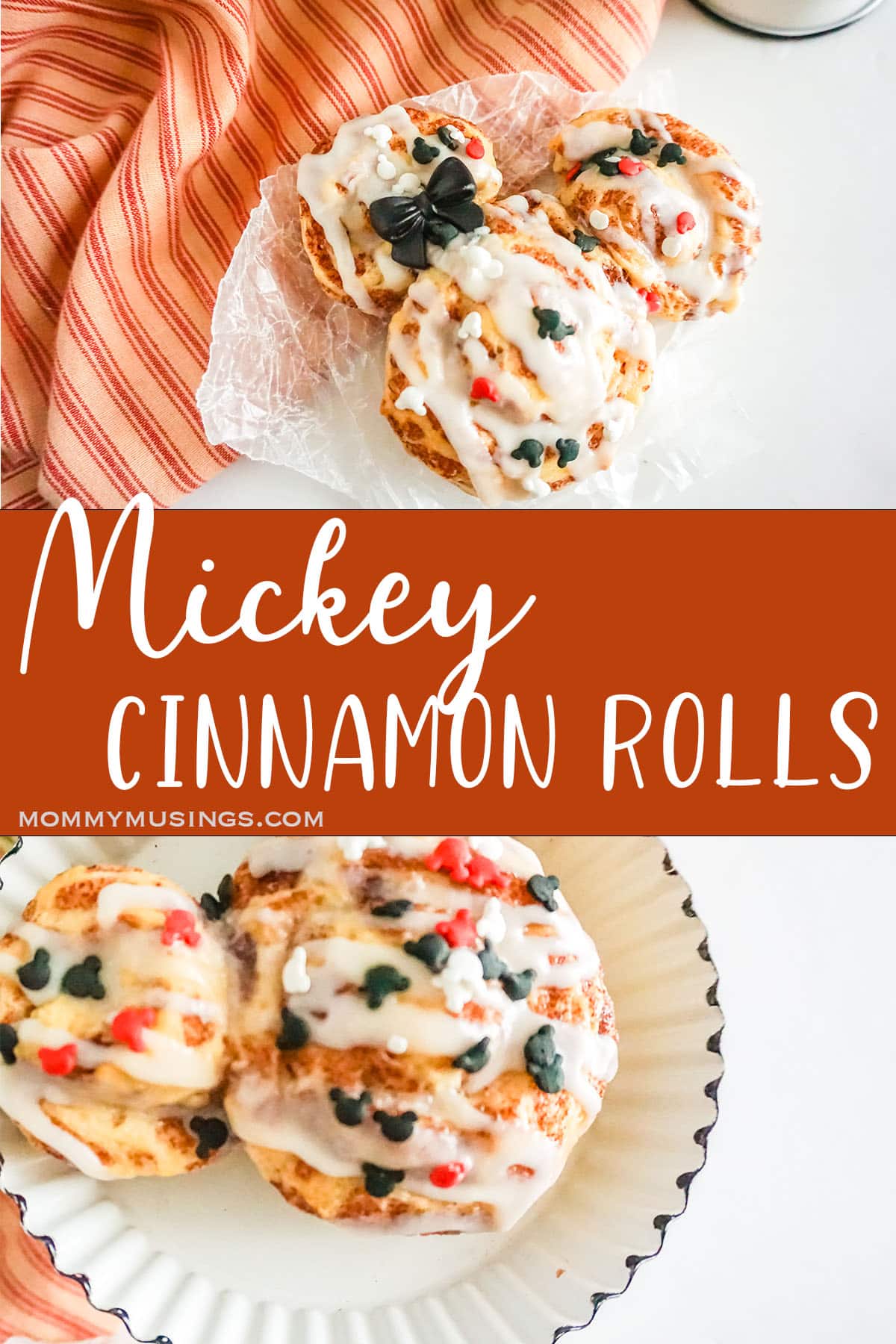photo collage of easy diy mickey breakfast recipe with text which reads mickey cinnamon rolls