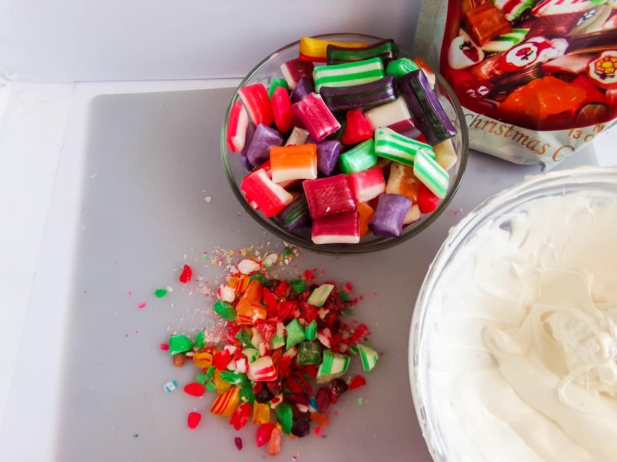 crushed candy to make old fashioned Christmas Candy Hot cocoa bombs