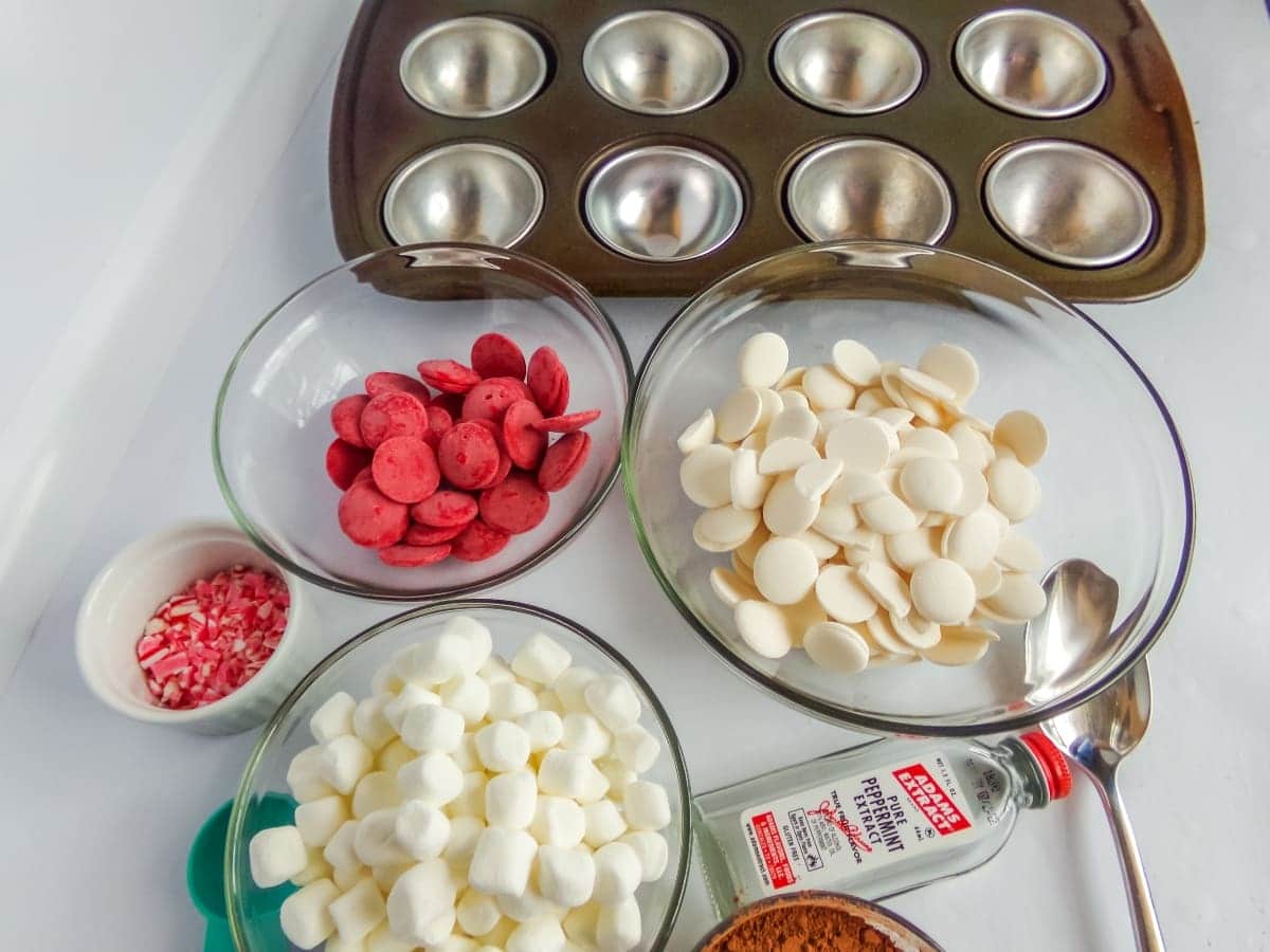 supplies to make peppermint hot cocoa bombs