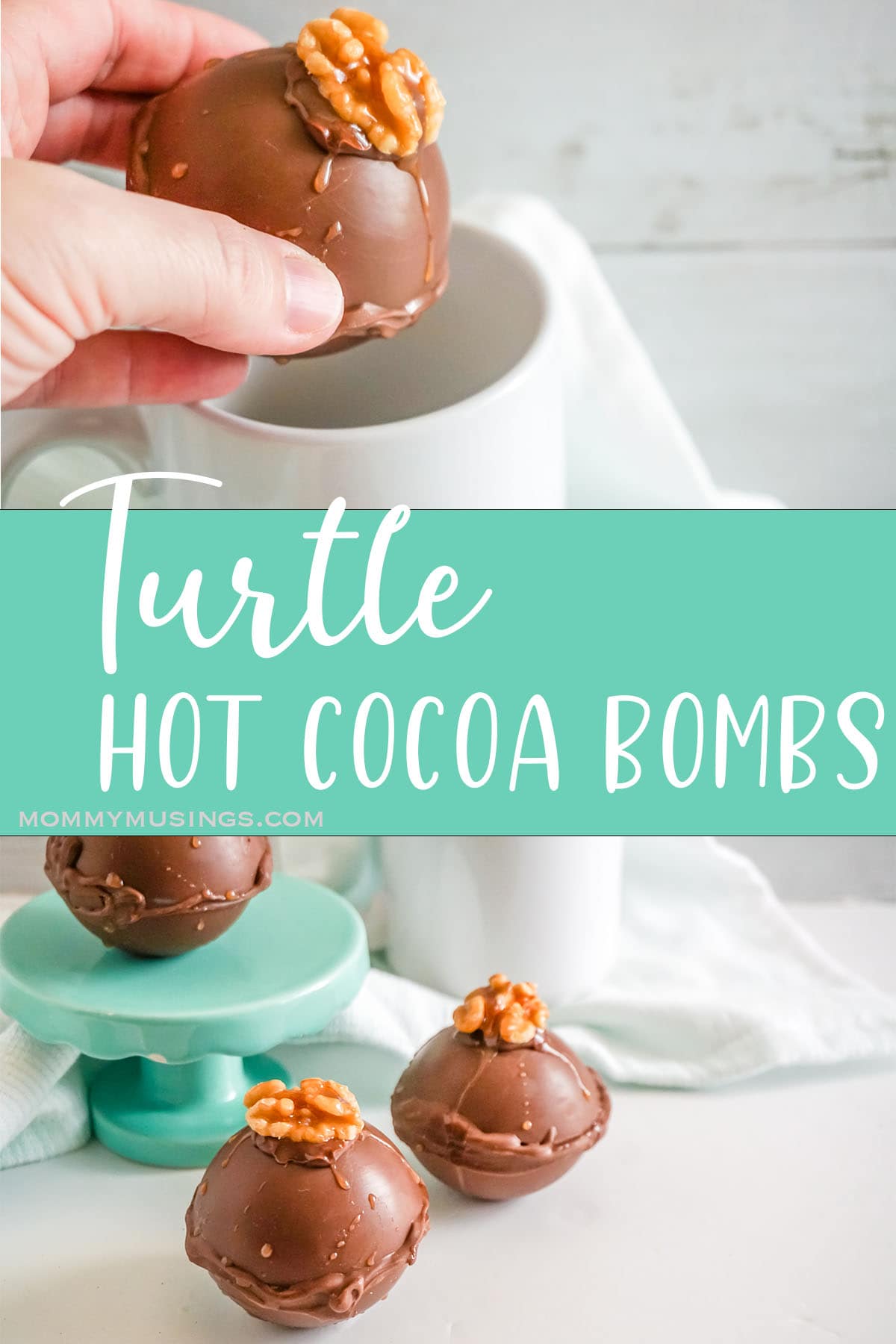 photo collage of walnut and caramel hot cocoa bombs with text which reads turtle hot cocoa bombs