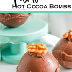 closeup of easy homemade hot cocoa bomb recipe with text which reads turtle hot cocoa bombs